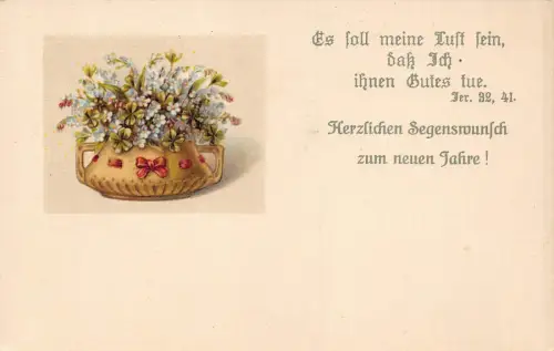 Neujahrssegen Vergissmeinnicht Blumen und Kleeblätter im Korb Postkarte