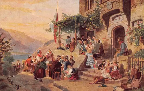 Abend am Rhein, Deutschland Menschen haben Spaß Kunst signiert G Boettcher Postkarte