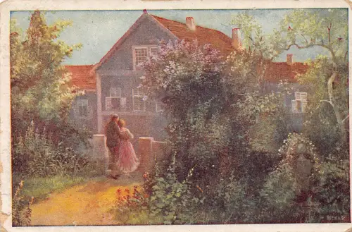 Romantischer Moment Paar geht nach Hause malerische Landschaft Vintage Postkarte