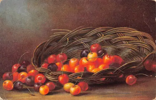 Stillleben 1918 Reife und unreife Kirschen im Korb Vintage Postkarte