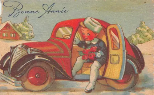 Neujahrsgrüße 1942 Kleiner Junge Rosenstrauß rotes Auto Oldtimer Postkarte