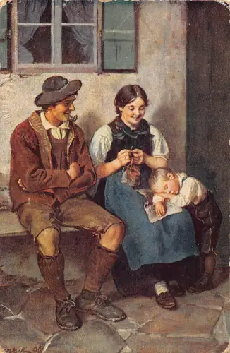 B199 Kunst 1914 Familie Mutter Nähen Vater raucht Pfeife schlafen Junge 1. Weltkrieg Feld Postkarte