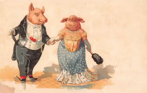 B199 Humanisierte Schweine als Paar auf der Tanzfläche Comic Humor Postkarte