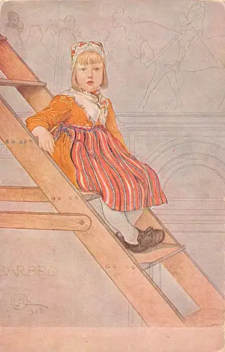 B192 Kunst von L Larsson - Barbara Kind Mädchen sitzend auf Leiter Vintage Postkarte