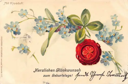 B189 Geburtstagsgrüße 1906 Vergissmeinnicht Blumen Wachssiegel Vintage Postkarte