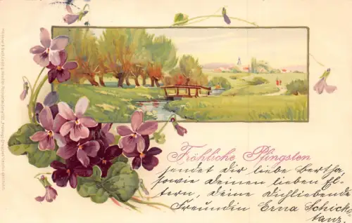 B189 Pfingstgrüße 1906 Veilchen Blumen Passepartout Landschaft Postkarte
