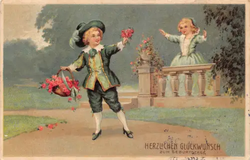 B190 Geburtstagsgrüße 1912 Kinder in mittelalterlichen Kostümen Rosen Präge Postkarte