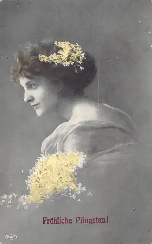 B191 Pfingstgrüße Portrait der Schönheit gelbe Blumen Postkarte