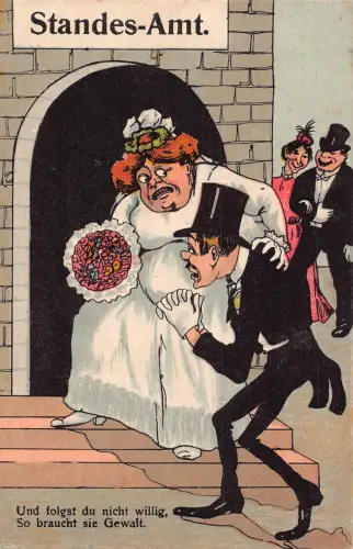 B199 Kunst Comic Humor Ständer Amt sehr dicke Frau schlanker Bräutigam bei Hochzeit Postkarte