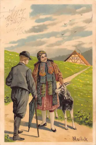 B191 Landleben Bauernmädchen trifft Junge Ziege Kunst von Mailick Vintage Postkarte