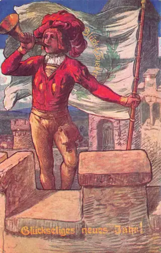 B191 Neujahrsgrüße Mittelalterliche Garde bläst Horn hält Flagge Kunst Postkarte