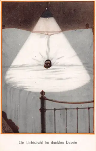 B199 Kunst Comic Humor 1912 Dunkler Baby Kopf zwischen Kissen Postkarte