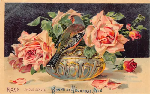 B199 Happy Holidays Rosen Blumen in Vase Singvogel Vintage Postkarte