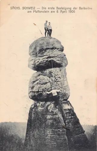 B198 Deutschland Besteigung der Barbarine am Pfaffenstein Bergsteiger 1906 Postkarte