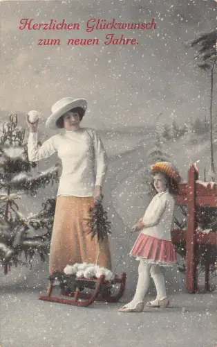 B192 Neujahrsgrüße 1915 Tochter Mutter Schneeball Schlitten Postkarte