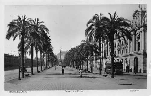 B195 Spanien Barcelona Paseo de Colon Doppeldecker Straßenbahn RPPC Vintage Postkarte