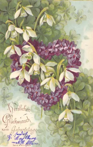 B194 Geburtstagsgrüße 1905 Schneeglöckchen und Veilchen Blumen Kleeblätter Postkarte