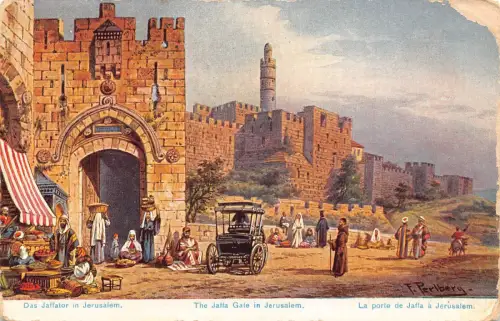 B205 Israel Jaffa Tor in Jeursalem Kunst von F Perlberg Vintage Postkarte