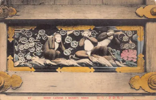 B200 Japan Nikko Holzschnitzerei 3 Affen Vintage Postkarte