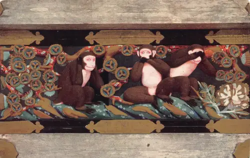 B200 Japan Nikko Holzschnitzerei 3 Affen Vintage Postkarte