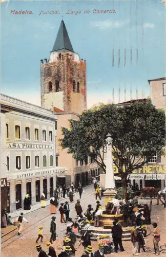 B202 Portugal 1928 Madeira Funchal Largo do Comercio Tower Shop Vintage Postkarte