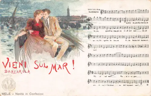 B199 Liebesroman Paar im Boot Neapel Vieni sul Mar Barcarola Lied Postkarte