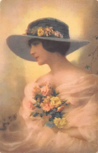 B199 Fashion Art Frau im Kleid und Hut Rosen Glamour Postkarte