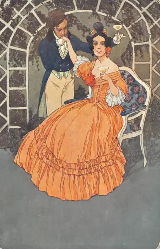 B199 Kunst Liebe Romantik Paar flirtet im Garten Sektgläser Postkarte