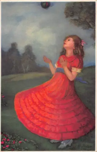B199 Kunst von C Sporleder Mädchen im roten Kleid spielt mit Ball Vintage Postkarte