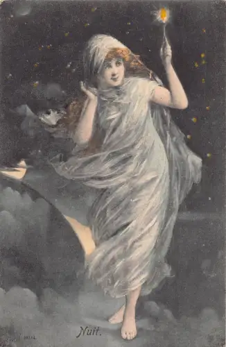 B199 Allegorische Nacht als Frau in weißem Schleier und Licht Postkarte