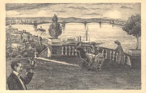 B198 Deutschland Kunst Rhein von Stadthalleterrasse in Mainz Fluss Restaurant Postkarte