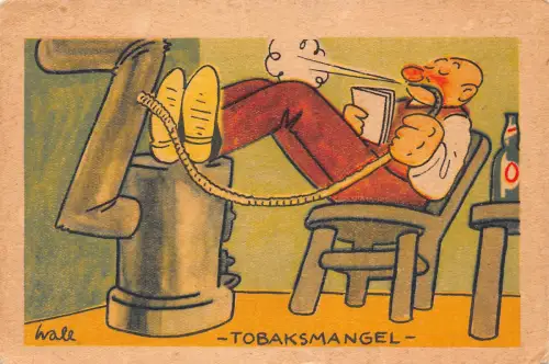 B199 Comic Humor Tobaksmangel Mann raucht vom Schornsteinhorn Postkarte
