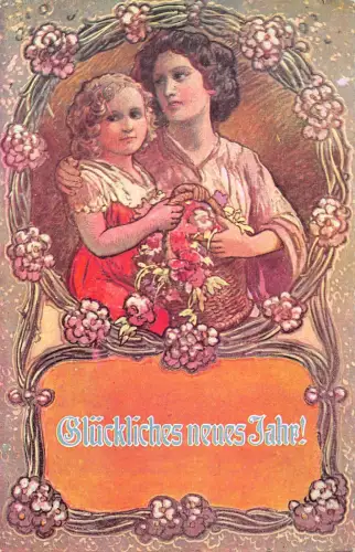 B191 Neujahrsgrüße Frauen halten Blumen Korb Passepartout Postkarte