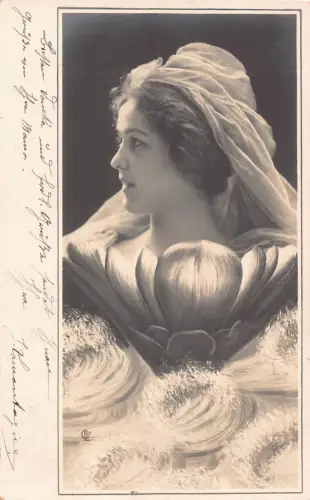 B191 Glamour 1902 Künstlerisches Frauenporträt aus geöffneter Blumenpostkarte