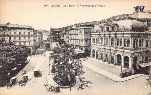 B204 Algerien Algier Theatre et rue dumont d'Urville Street Vintage Postkarte