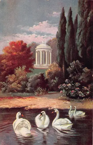 B194 Landschaft 1908 Tempel Schwäne am See Vintage Postkarte