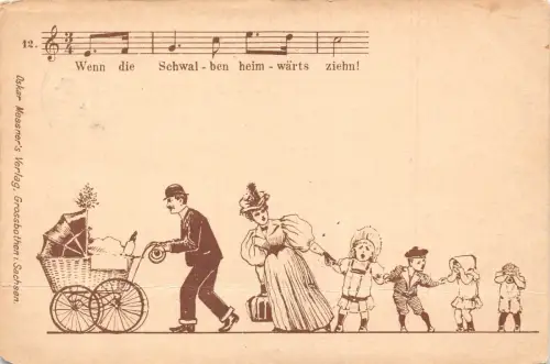 B199 Familie 1898 Comic Humor Vater Kinderwagen Mutter Kinder Weinen Postkarte
