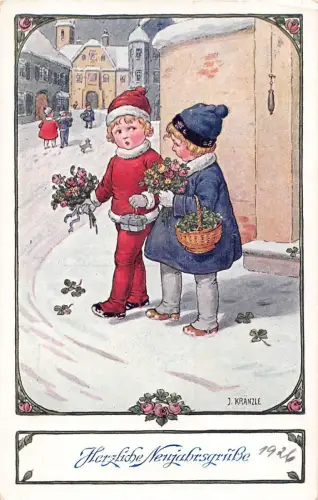 B193 Neujahrsgrüße 1925 Kinder Rosen Sträuße Schnee Vintage Postkarte