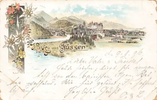B197 Deutschland Gruss aus Füssen Edelweiß Blumen Litho 1896 Vintage Postkarte