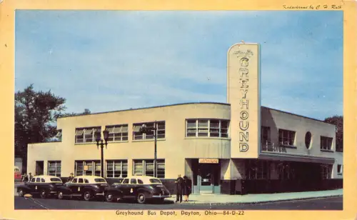 B187 US Ohio Dayton Greyhound Bus Depot Cars Vintage Postkarte