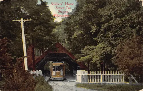 B187 US 1914 Soldiers' Home Street Car Station Milwaukee Train Postkarte
