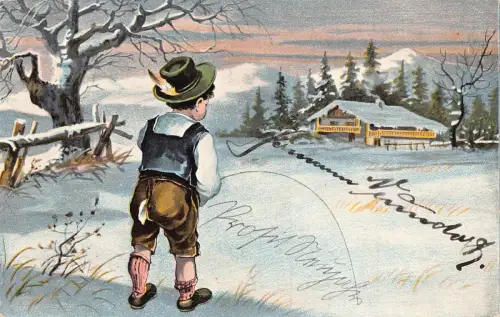 B190 Comic Humor 1901 Frecher Deutscher Junge uriniert im Schnee Postkarte