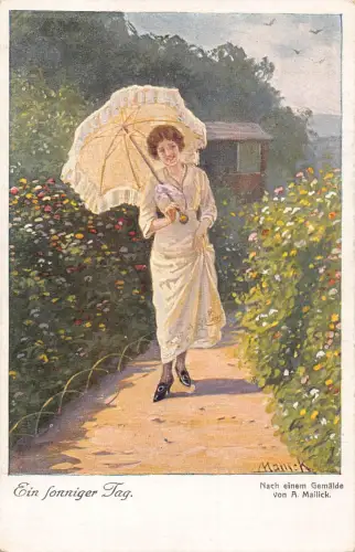 B192 Ein Sonniger Tag Sonniger Tag Kunst von Mailick Frau beim Spaziergang Postkarte