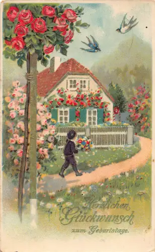 B192 Geburtstagsgrüße 1914 Rosen Blumen Junge Blumenstrauß Schwalbe Vögel Postkarte