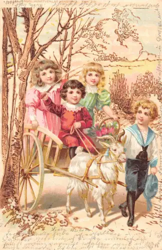 B192 Kinder im Ziegenwagen Mädchen Junge im Matrosenkostüm 1902 Postkarte