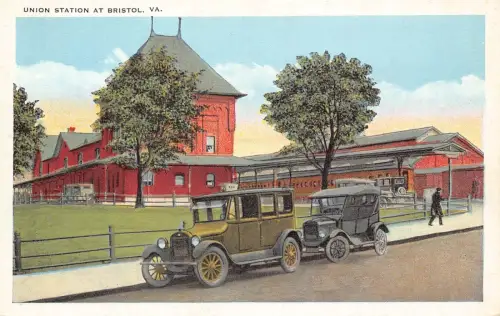 B185 US Union Station at Bristol Virginia Cars Train Station Vintage Postkarte
