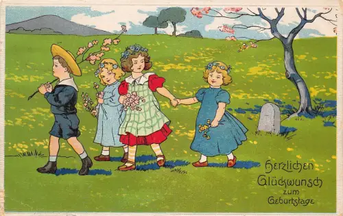 B190 Geburtstagsgrüße Kinder Mädchen mit Blumen Krone Frühling Postkarte