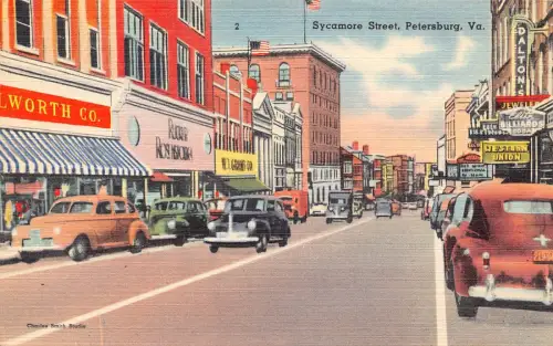 B185 US Petersburg Virginia Sycamore Street Cars Shops Vintage Postkarte