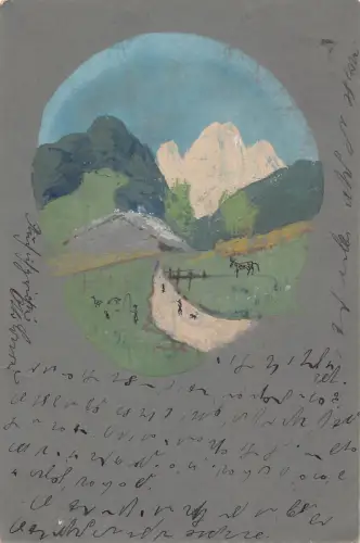 B194 Fine Art 1906 handgemalte Berglandschaft Weg Postkarte