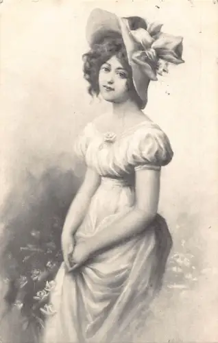 B194 Glamour Fashion 1906 Mädchen im Kleid und Haube Rosen Blumen Kunst Postkarte